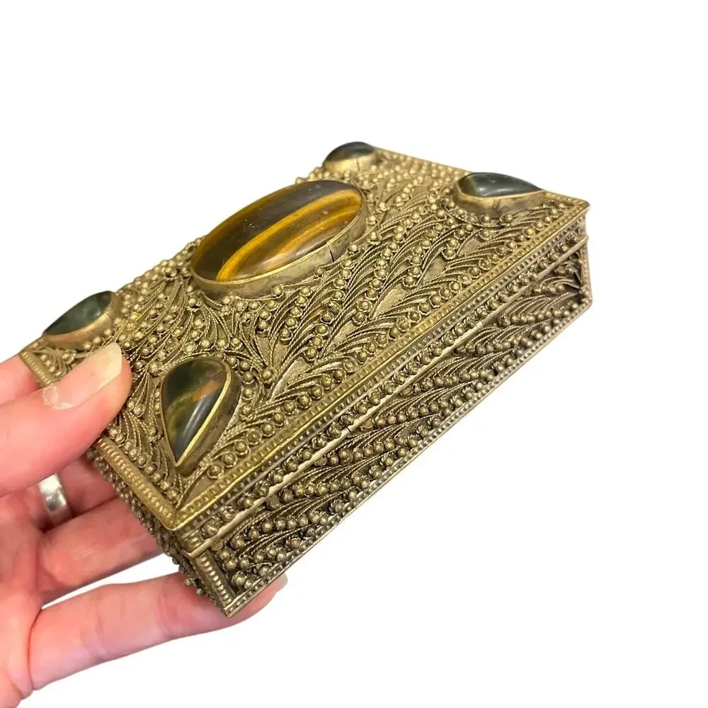 Vintage Tibetan Filigree Brass Trinket Box Nepal Tigers Eye Jewelry Chest MCM
